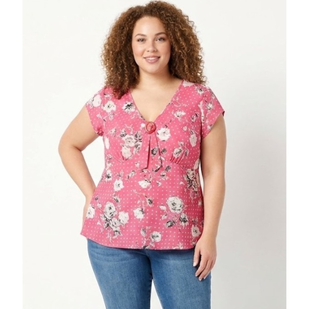 New Vintage Unique Spectrum Pink V Neck Polka Dot Floral Top size‎ 2X